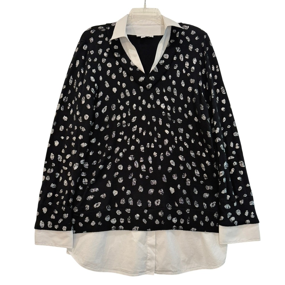 Chicos Layered Look Sweater Size 3 / XL Black Silver Foil Spotted Print V-Neck